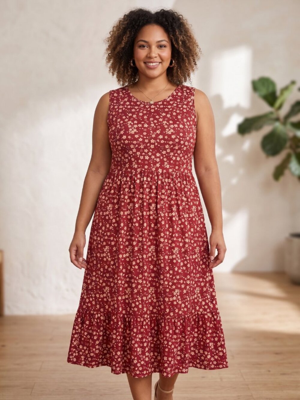NWT Auselily Brick Red Ditsy Floral Sleeveless Tiered Sundress Side Pockets XL